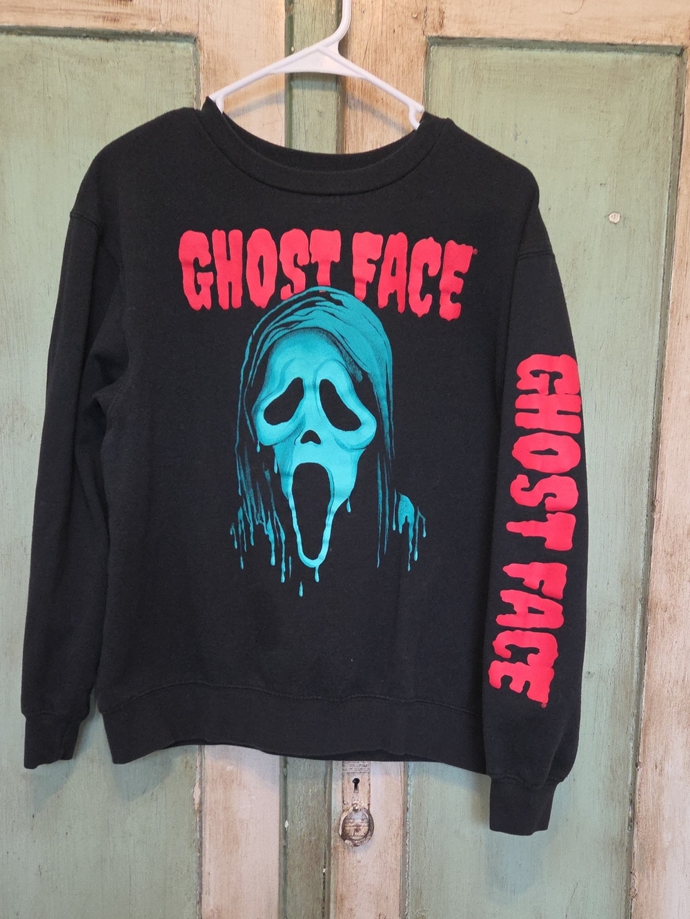 Ghost Face Graphic Crewneck Sweater - Black with Teal & Pink